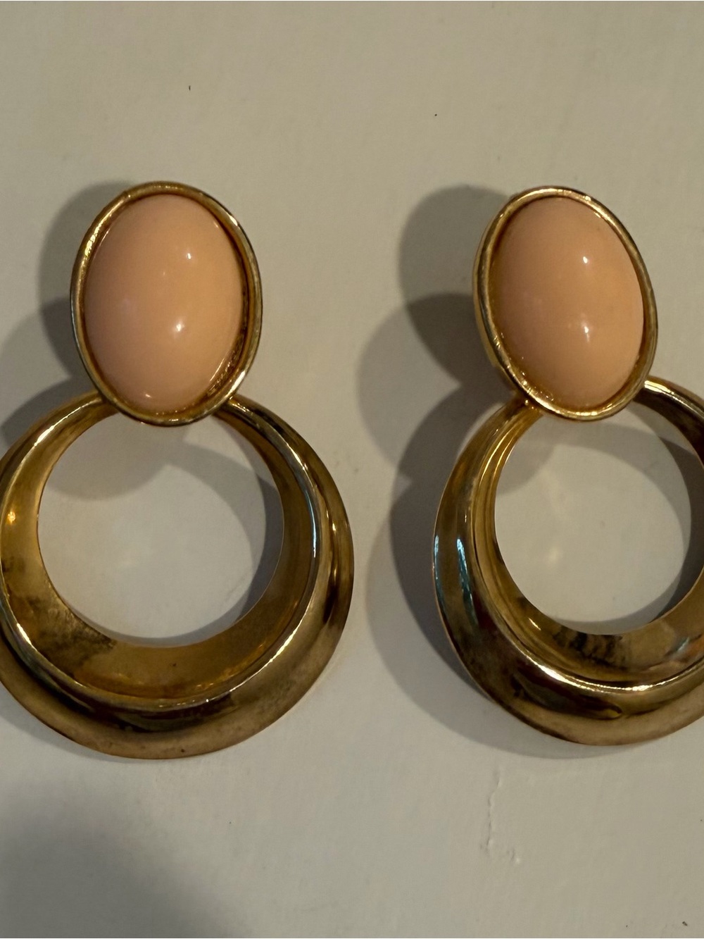 Vintage 1980s Gold Tone Door Knocker Hoop Earrings, Peach
